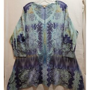 Energe World Wear Tunic Top Aqua‎ Purple V-neck Plus 2X Knit Stretch Embellished